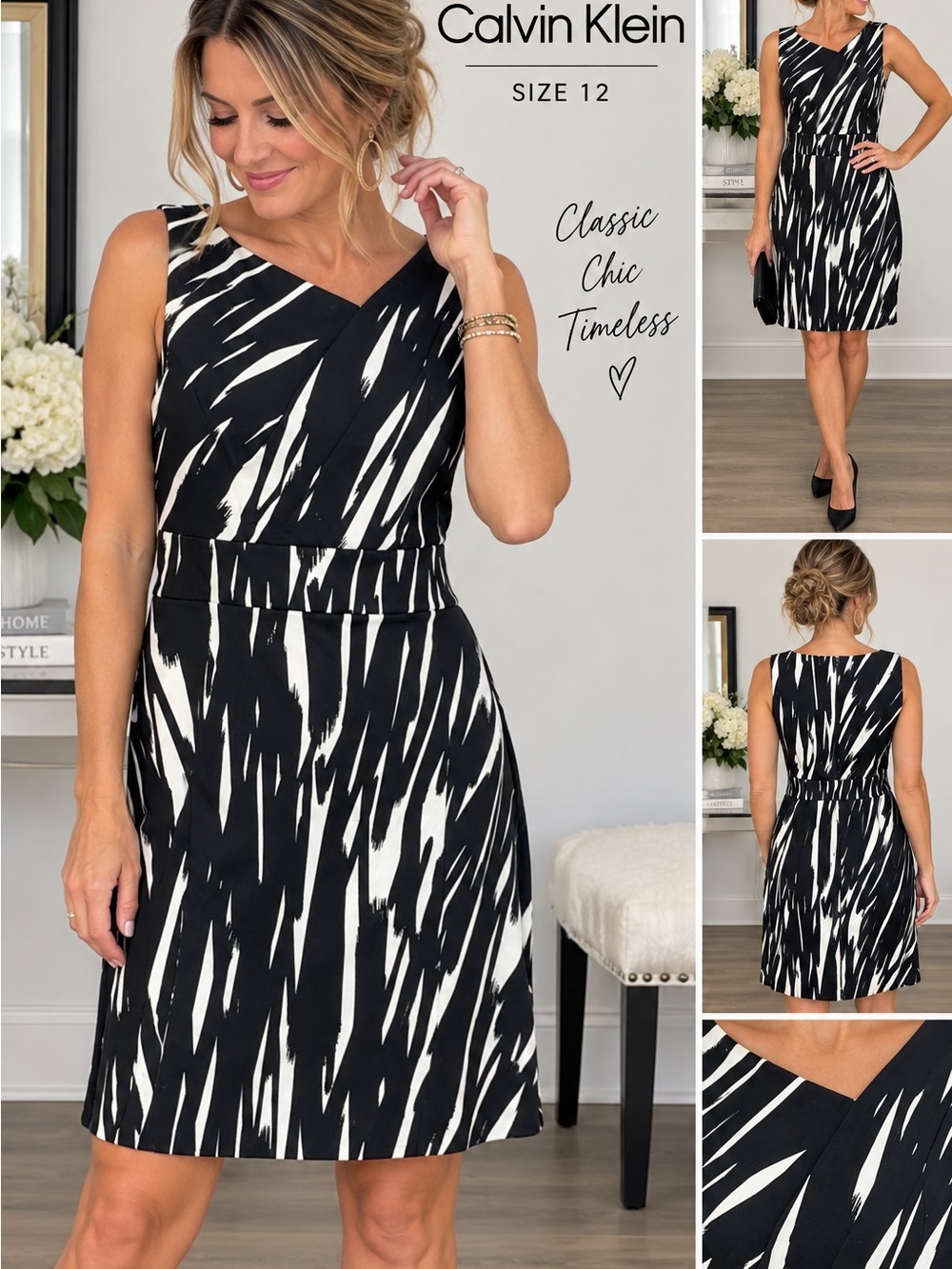 Calvin Klein Black & White V-Neck Sleeveless A-Line Dress